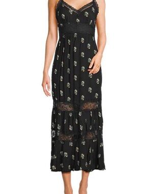 Angie Black Maxi Dress with Lace Insets and Tiny Floral Motif